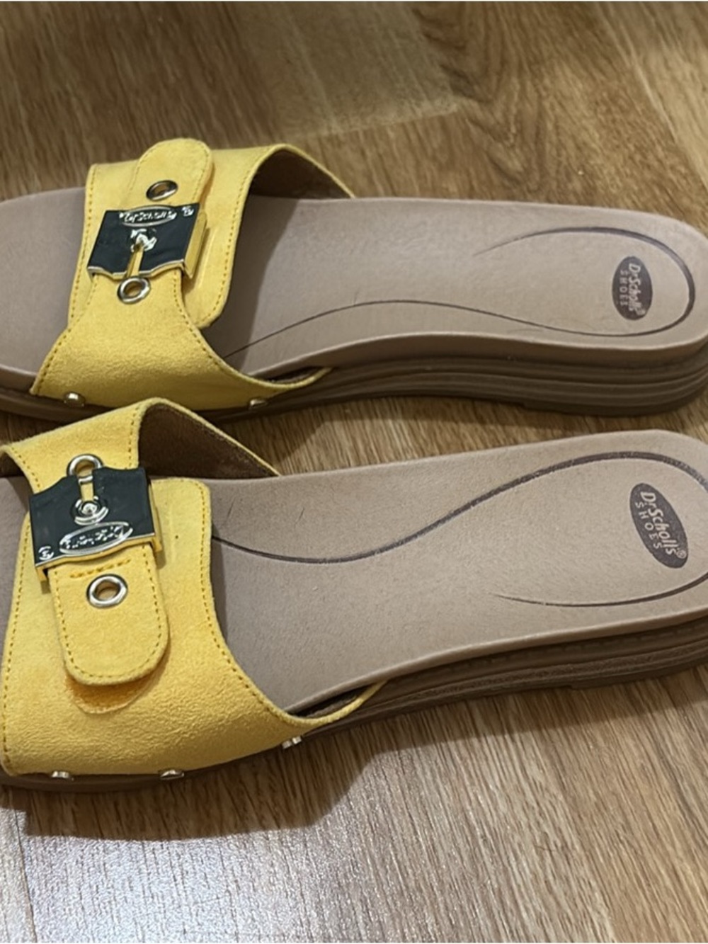 Dr. Scholl's Yellow Suede Slide Sandals with Decorative Buckle